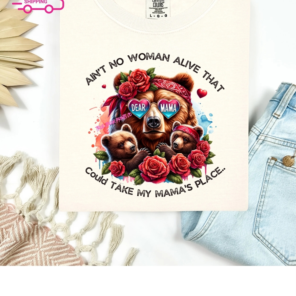 White Graphic Tee with Mama Bear and Cubs  Rose Design